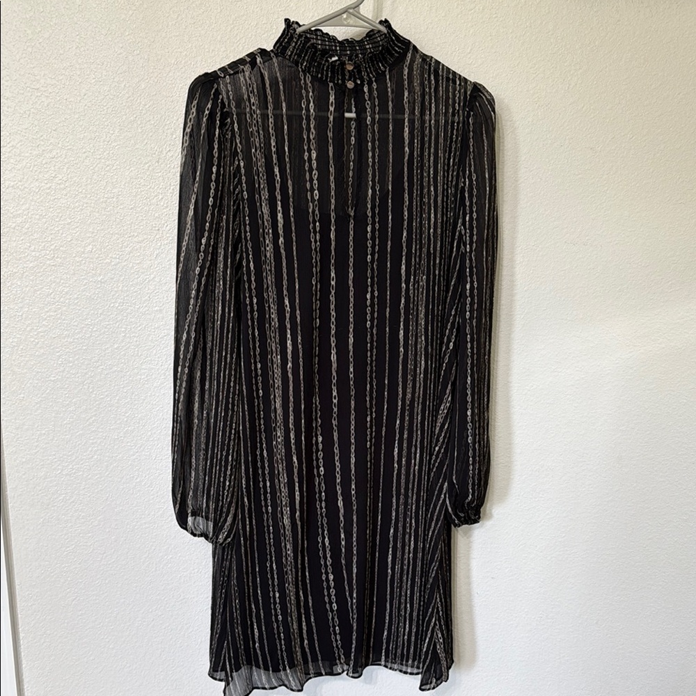 Black and White Mock Neck Bishop Sleeve Cocktail Dress